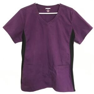 SCRUBSTAR Scrub Top Eggplant Purple Black M Short Sleeve V-Neck Front Pockets